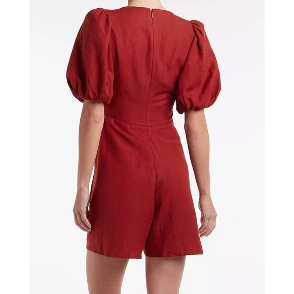 Express Linen-Blend Tie-Front Red Romper Puff-Sleeve XS Accentuated Bust Tie Low - Picture 8 of 8